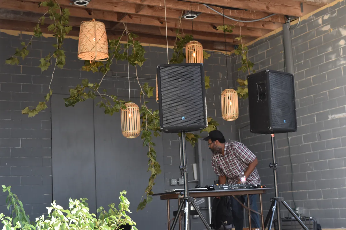 DJ at the decks on stage between two speakers, woven pendant lights and trailing greenery overhead