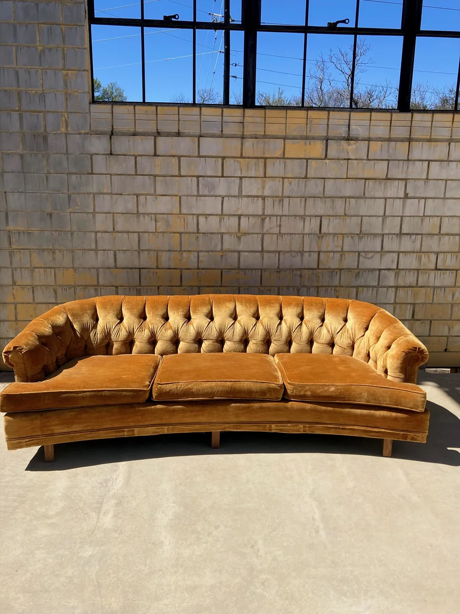 Curved Tufted Velvet Sofa, Recess Rentals at the Martindale Schoolhouse