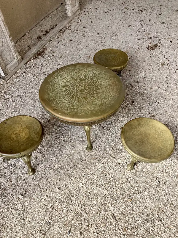 Brass Coffee Table and Stools, Recess Rentals at the Martindale Schoolhouse