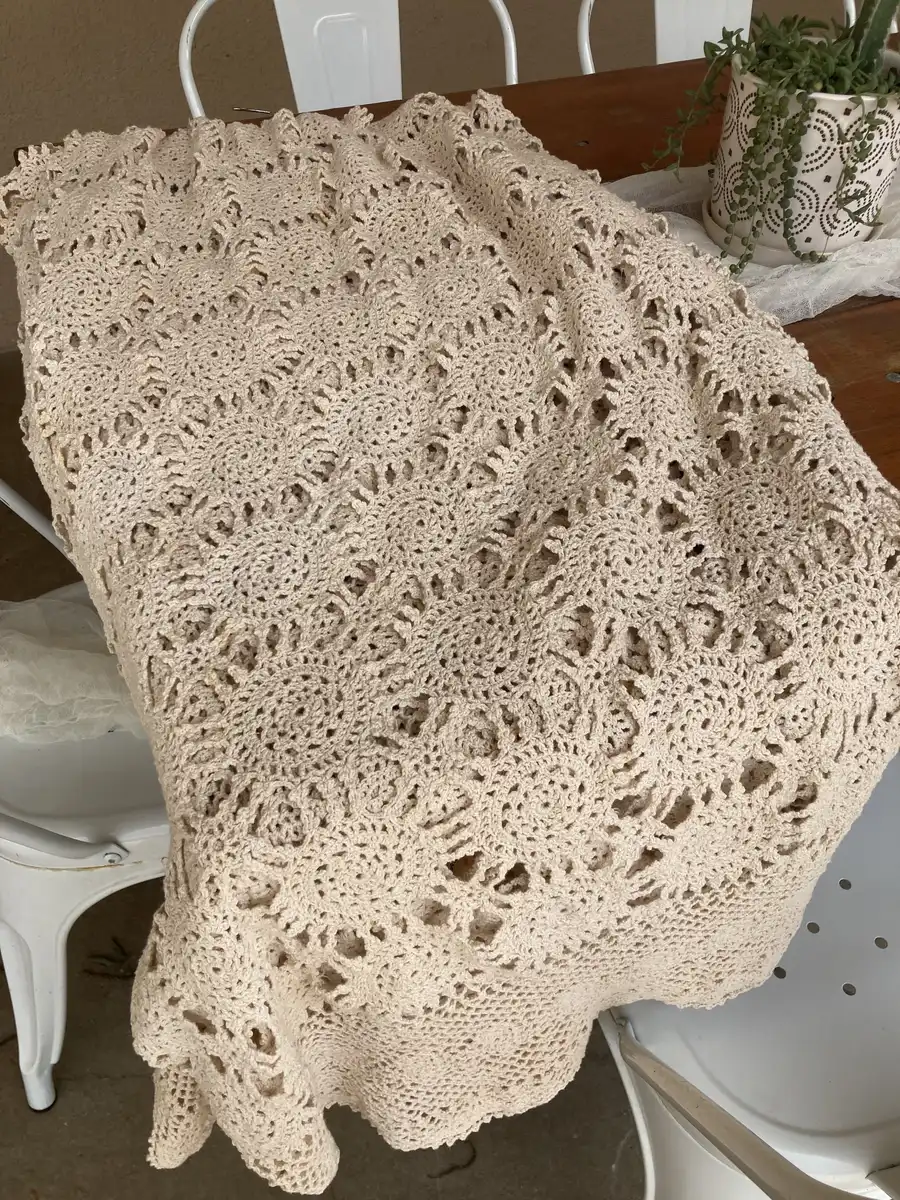 Vintage Crochet Rectangle Tablecloth, 8.5 ft x 4.5 ft, Recess Rentals at the Martindale Schoolhouse